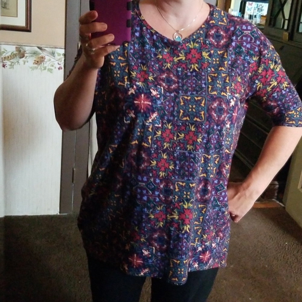 Irma top. Great pattern with purple, blue, red, &